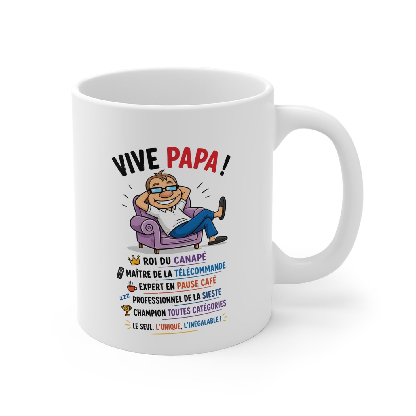 Tasse Vive Papa – Mug Humour Papa Canapé Télécommande – Cadeau Drôle Père Homme 325ml