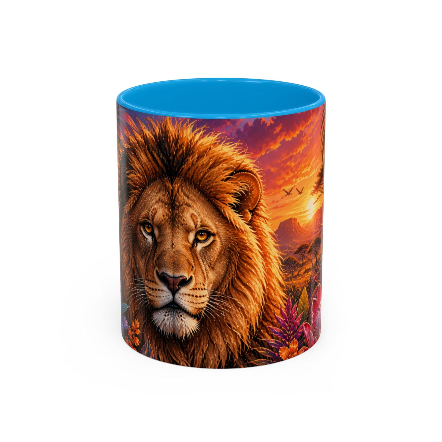 Tasse Lion Tropical – Mug Safari avec Lion Majestueux, Fleurs Exotiques et Couché de Soleil Africain – Design Jungle 325ml