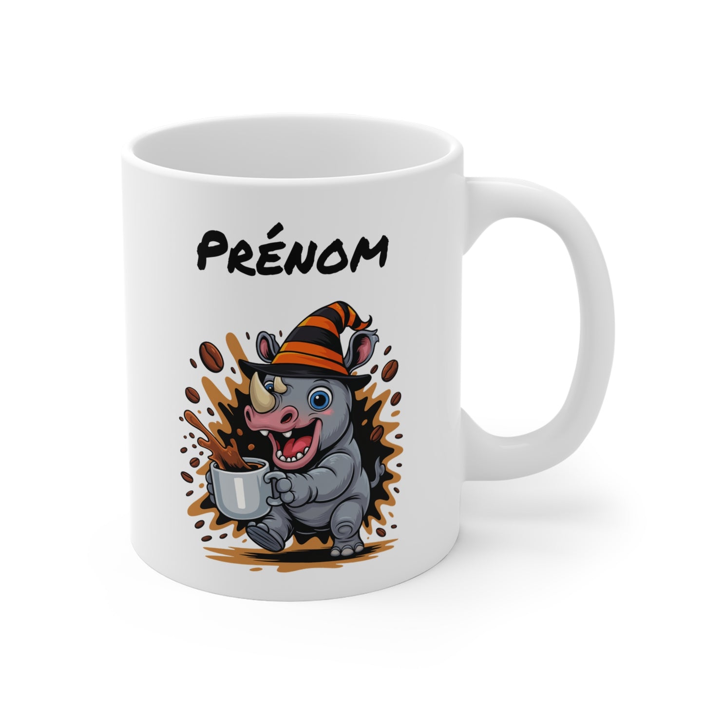 Tasse Personnalisable Rhinocéros Sorcier Café – Mug Prénom Céramique 325ml – Cadeau Drôle Halloween Animal Illustré