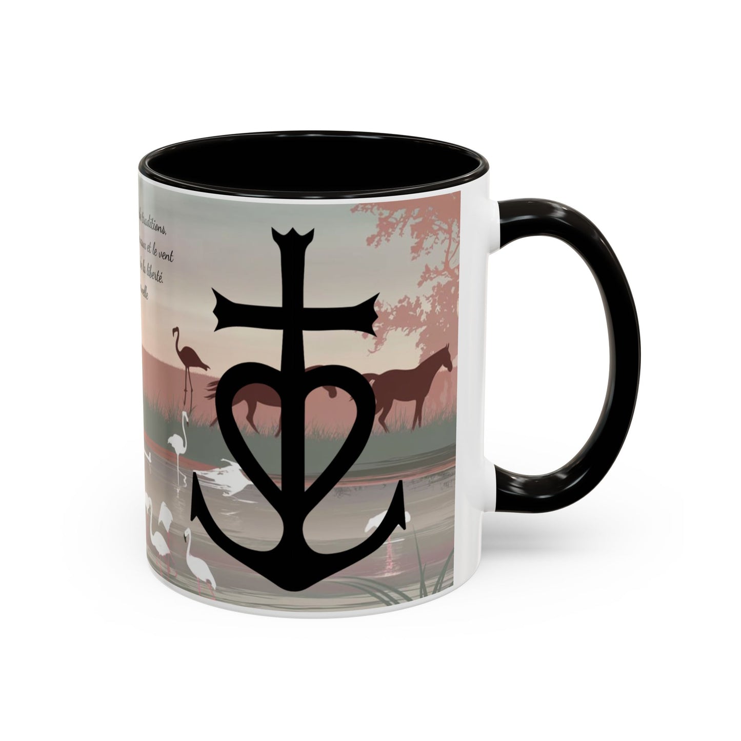 Mug Camargue Éternelle – Tasse Chevaux Camargue Flamants Roses Croix Camarguaise – Cadeau Tradition Camarguaise 325ml