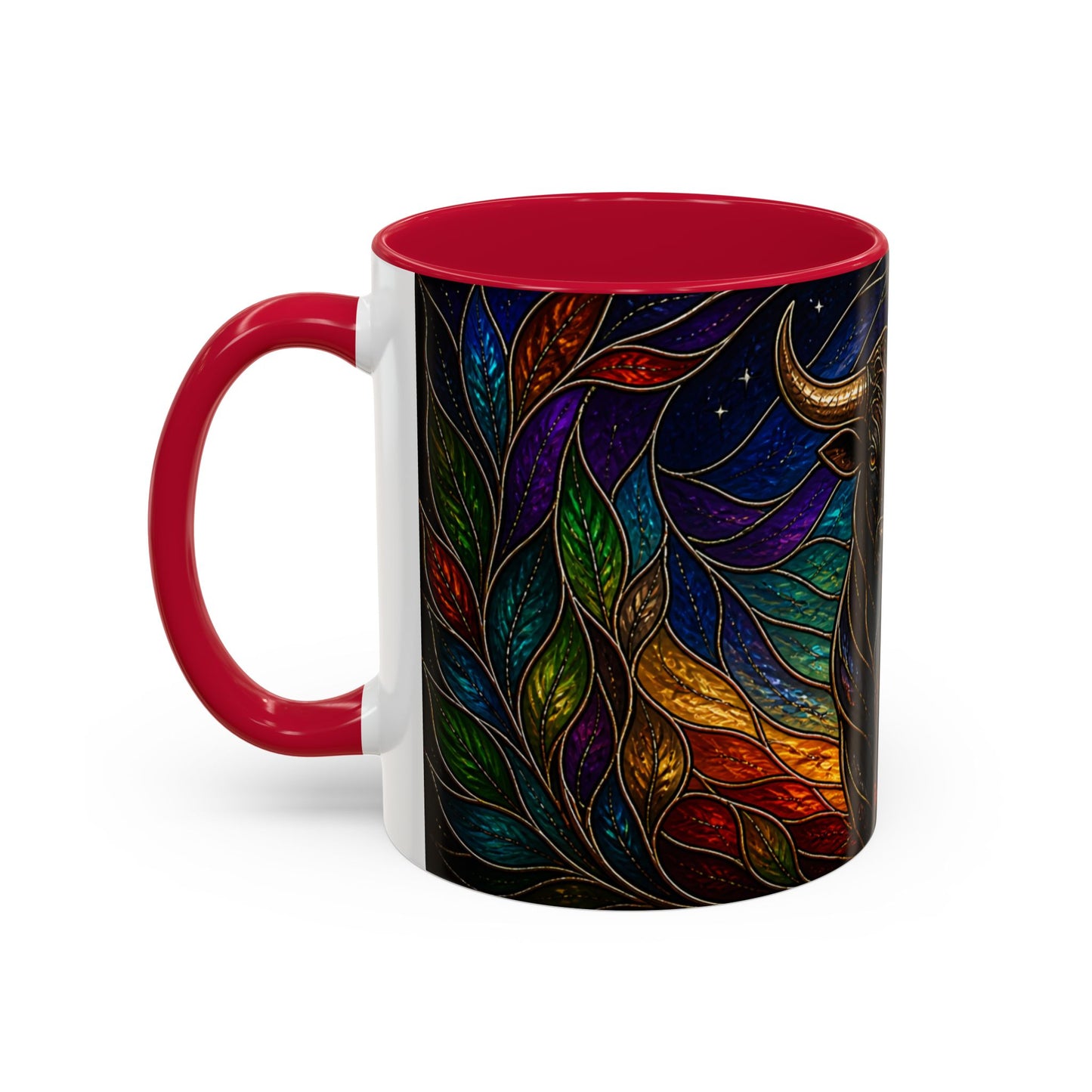 Tasse Taureau Style Vitrail – Mug Artistique Multicolore avec Lune et Taureau Mystique – Céramique 325ml