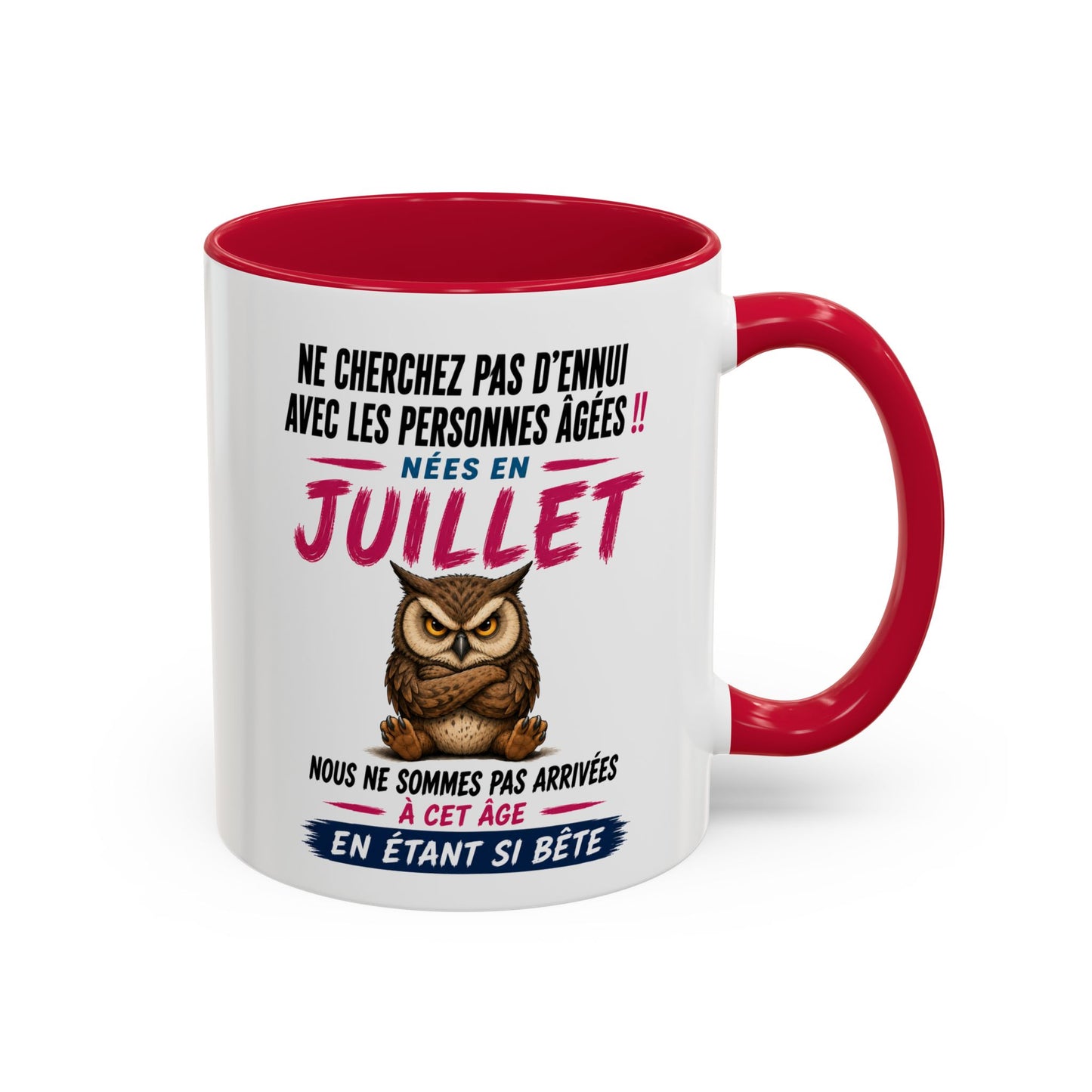 Tasse Humour Personnes Nées en Juillet – Mug Hibou Drôle Senior Retraité – Cadeau Anniversaire Homme Femme 325ml