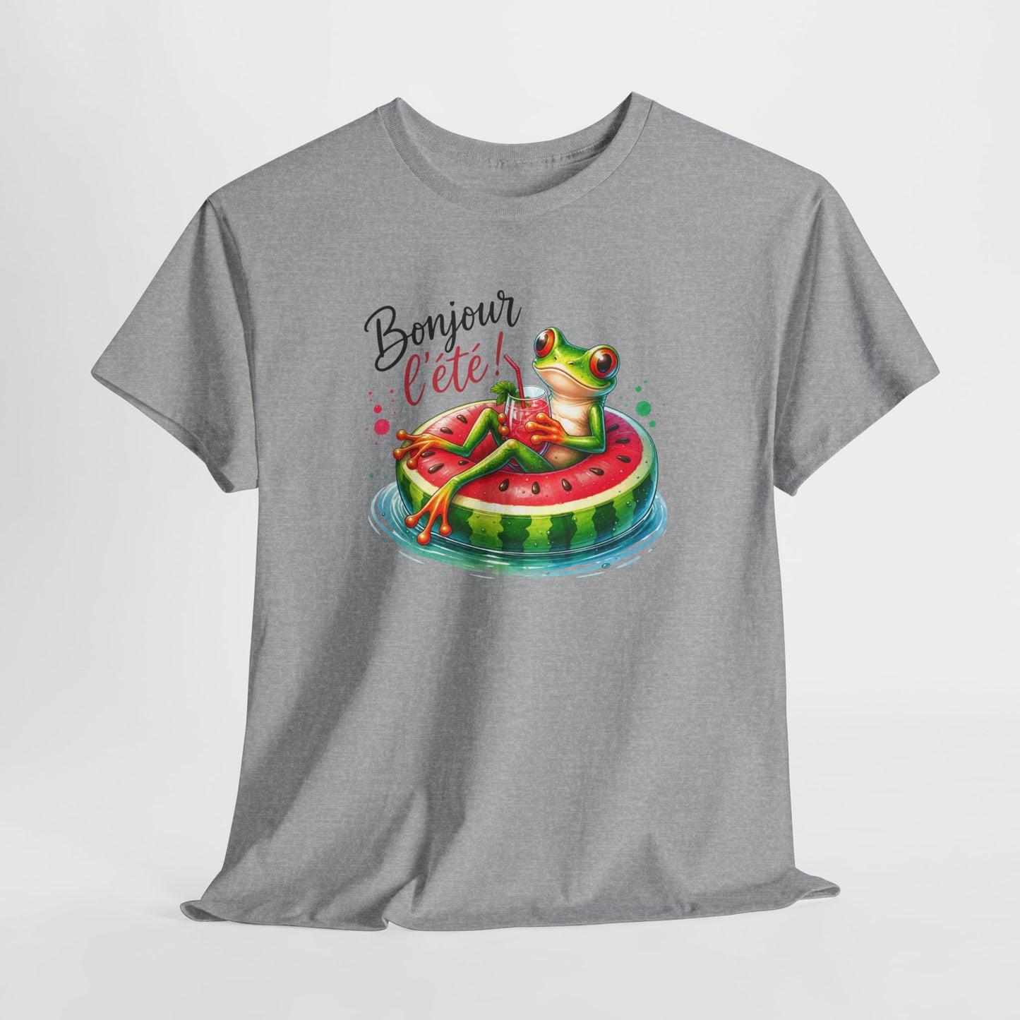 Tee-Shirt Bonjour l’Été Grenouille sur Bouée Pastèque – Cadeau Vacances Homme Femme Humour Soleil Plage