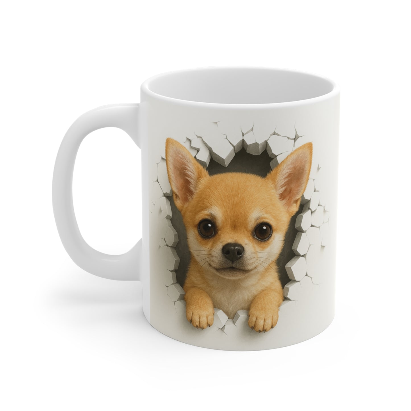 Mug Chihuahua Fauve Effet Mur Cassé – Tasse Chien 3D Trompe-l’œil – Cadeau Original Amoureux du Chihuahua
