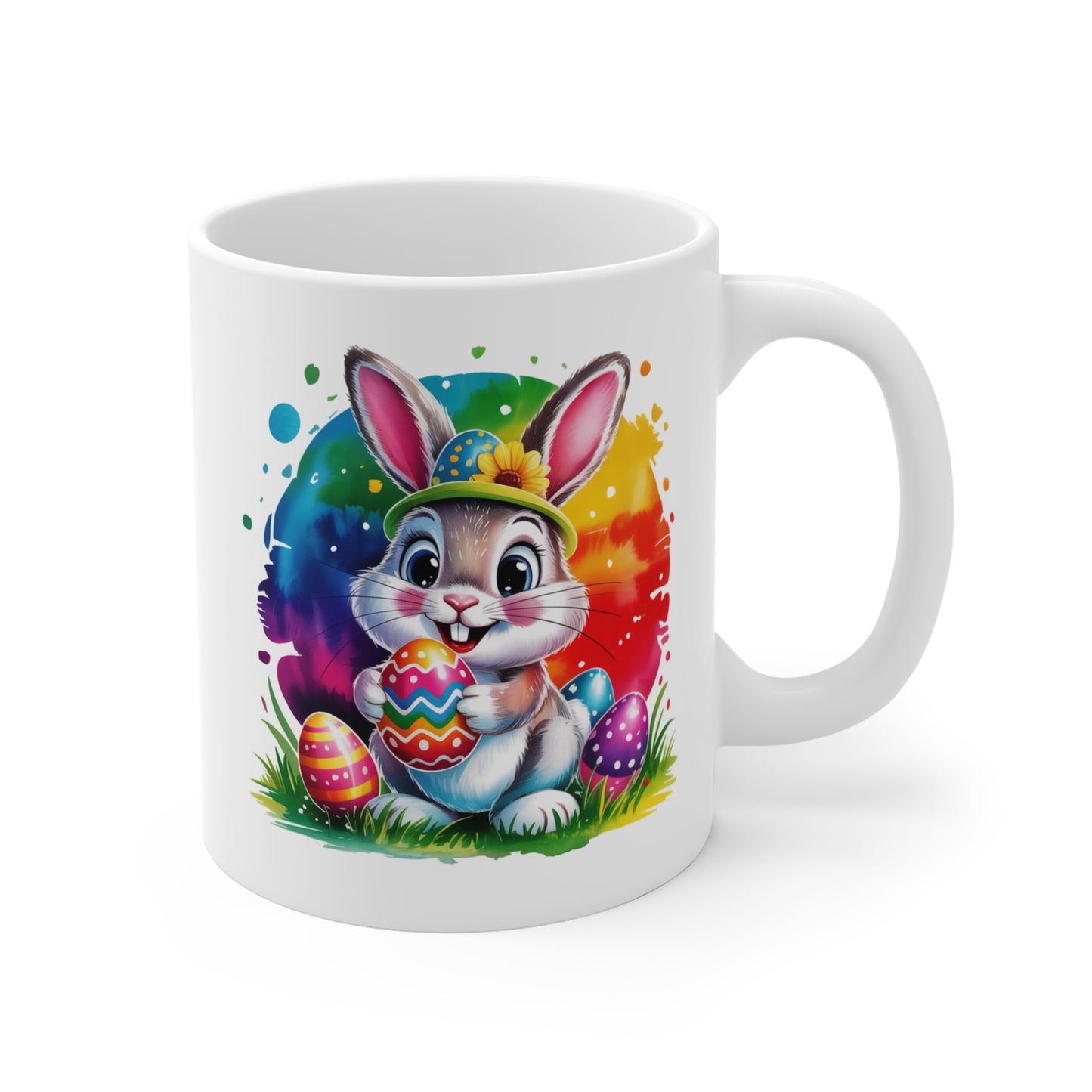 Tasse Lapin de Pâques Mignon – Mug Kawaii avec Œufs Colorés et Design Arc-en-Ciel – Cadeau Original Printemps et Pâques – Céramique 325ml