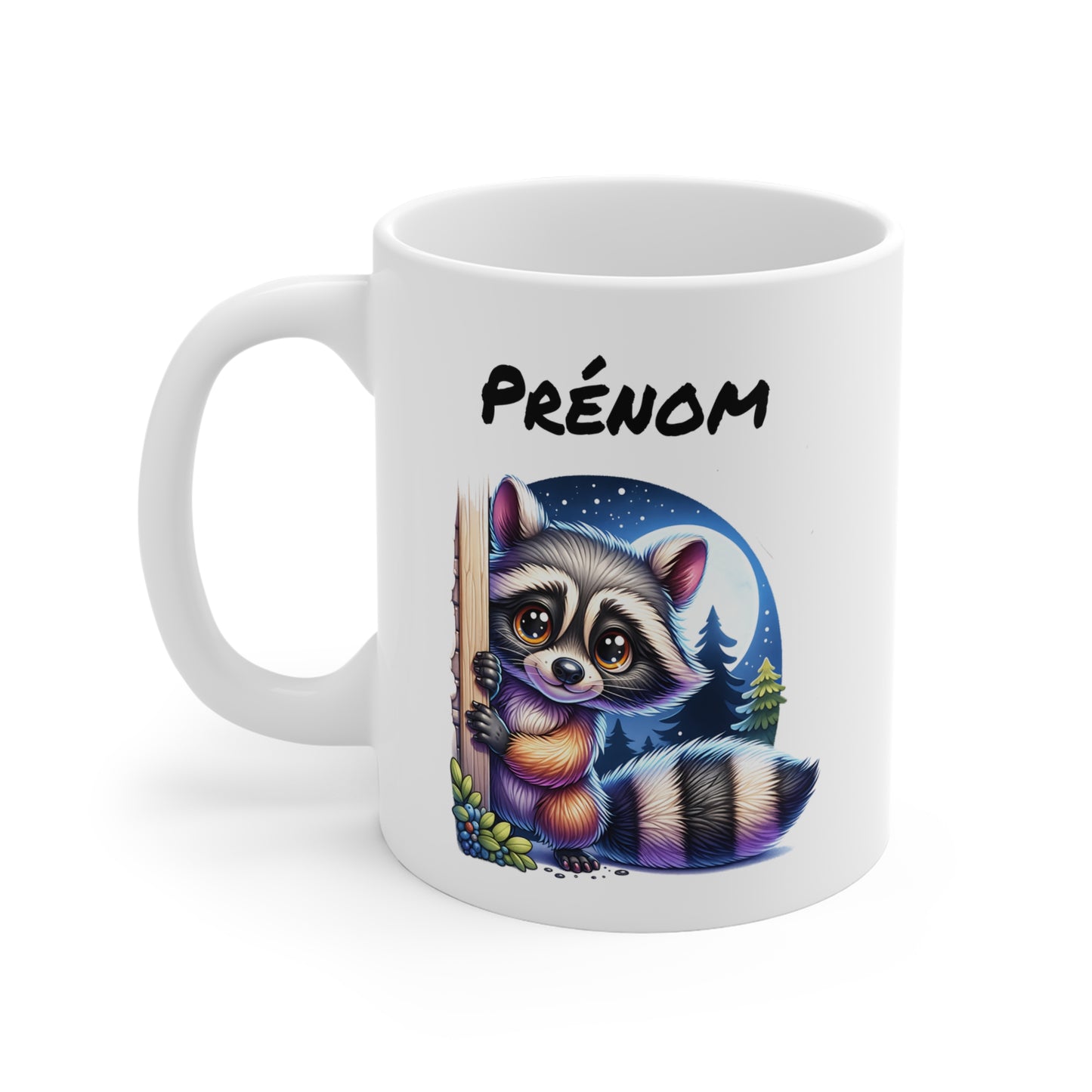 Tasse Personnalisable Raton Laveur – Mug Prénom Illustration Nocturne Forêt – Cadeau Animal Mignon Nature 325ml