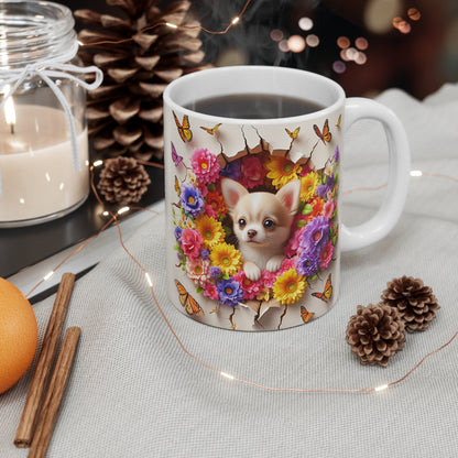 Tasse Céramique Chihuahua et Fleurs – Mug Chien Mignon Papillons – Cadeau Animaux Bohème 325ml
