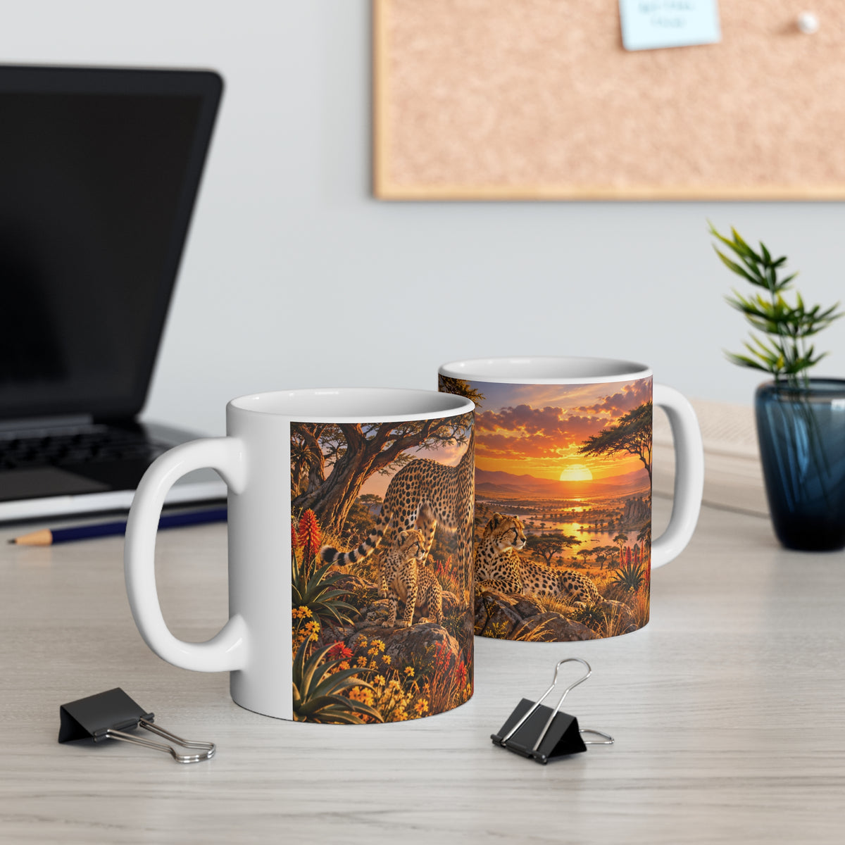 Mug Famille de Guépards dans la Savane – Tasse Animaux Sauvages Afrique avec Coucher de Soleil – Cadeau Original Amoureux des Félins