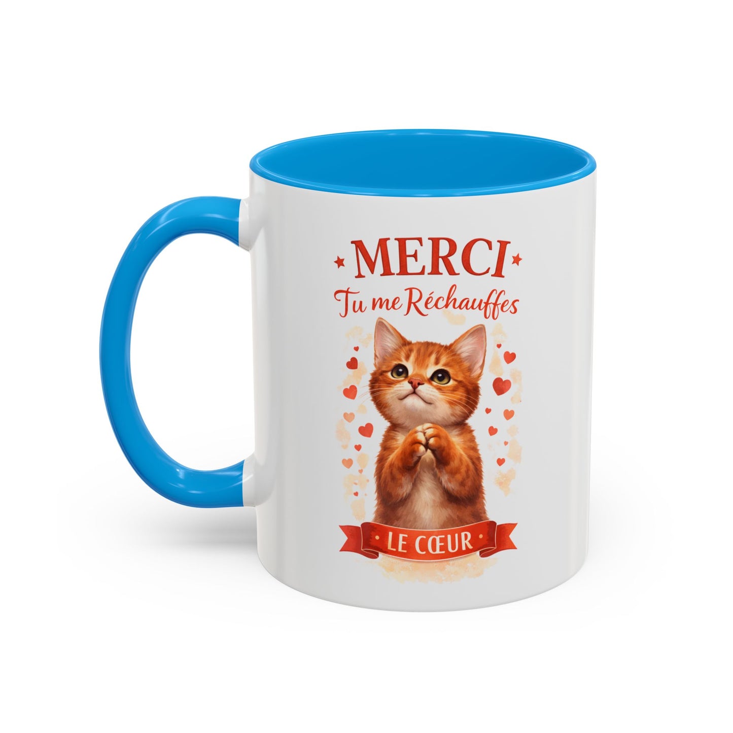 Tasse Chat Mignon Amour “Merci Tu me Réchauffes le Cœur” – Mug Cadeau Chat Affectueux Noir Bleu Rouge