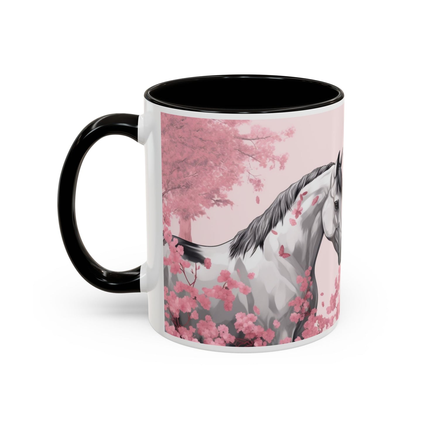 Mug Chevaux Sakura – Tasse Cheval Noir et Blanc avec Fleurs de Cerisier Roses – Cadeau Passion Cheval 325ml