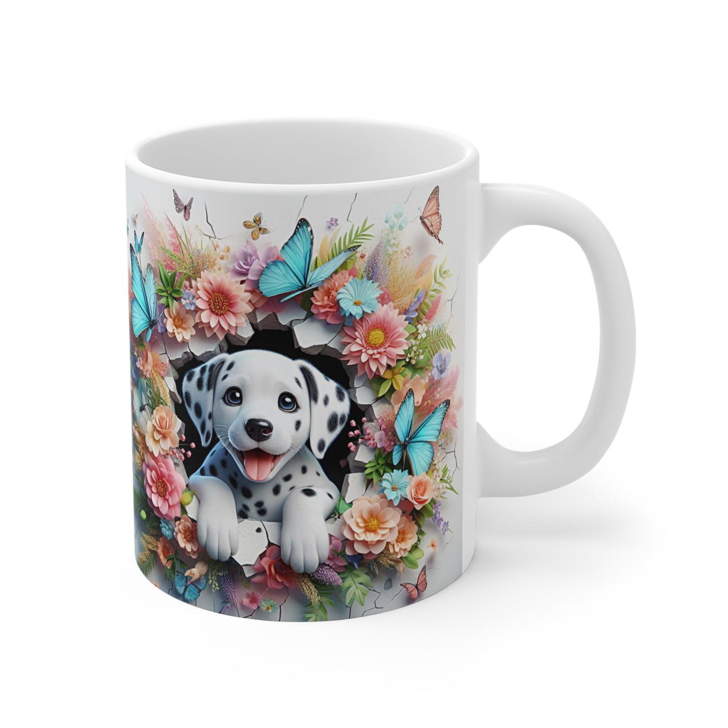 Tasse Céramique Dalmatien et Fleurs – Mug Chien Mignon Papillons – Cadeau Animaux Bohème 325ml
