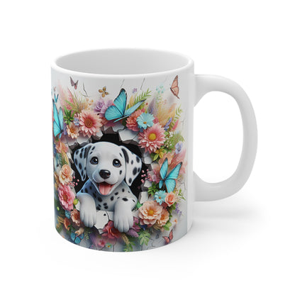 Tasse Céramique Dalmatien et Fleurs – Mug Chien Mignon Papillons – Cadeau Animaux Bohème 325ml