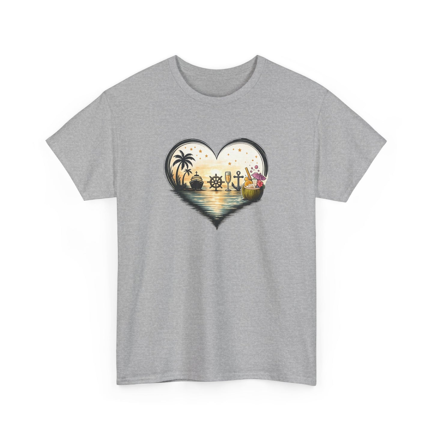 T-Shirt Cœur Océan Tropical – Design Voyage Mer et Cocktails – Tee-Shirt Ambiance Vacances et Liberté