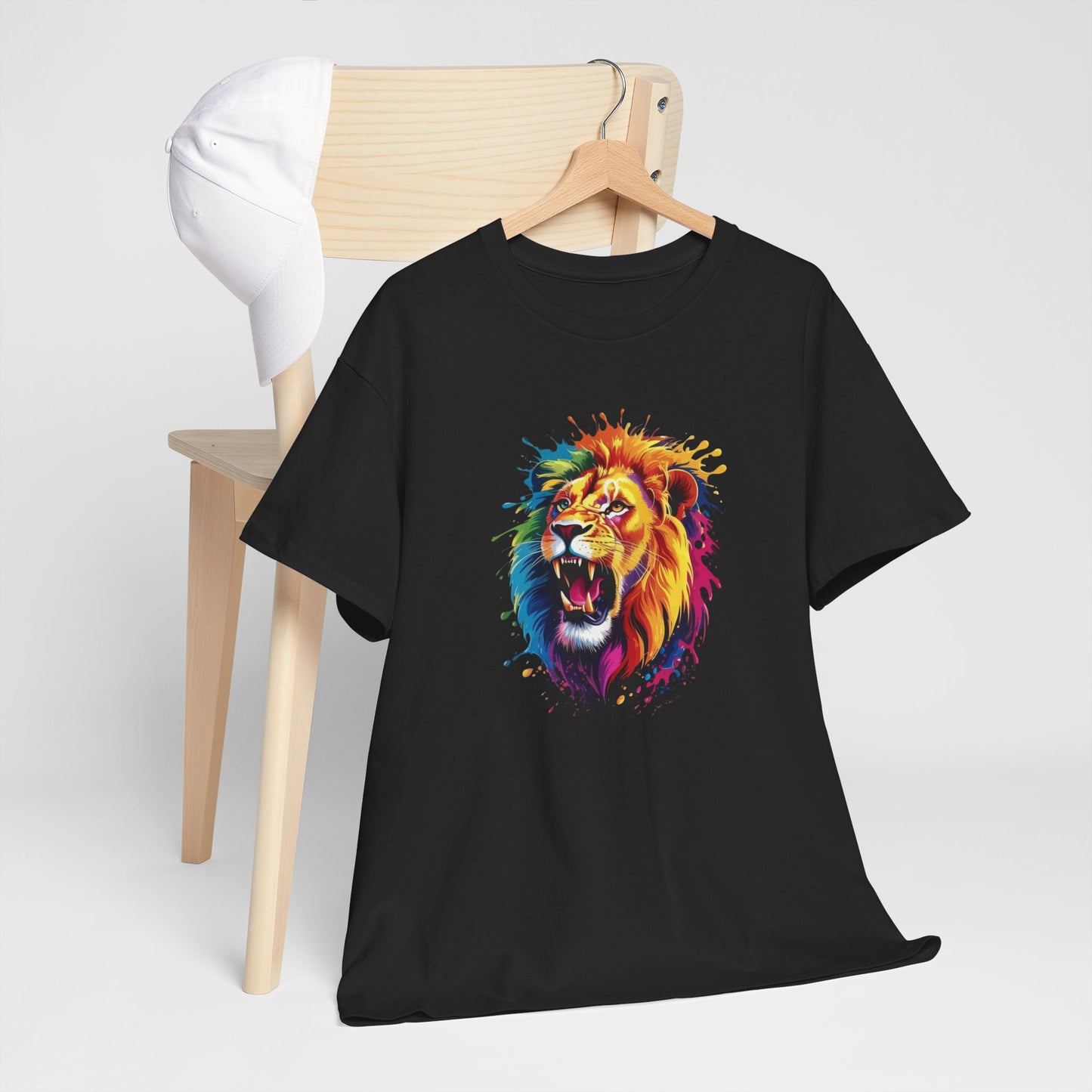 T-Shirt Lion Rugissant Coloré – Tee Shirt Tête de Lion Art Dripping – Cadeau Animal Puissant Streetwear Noir Blanc Gris