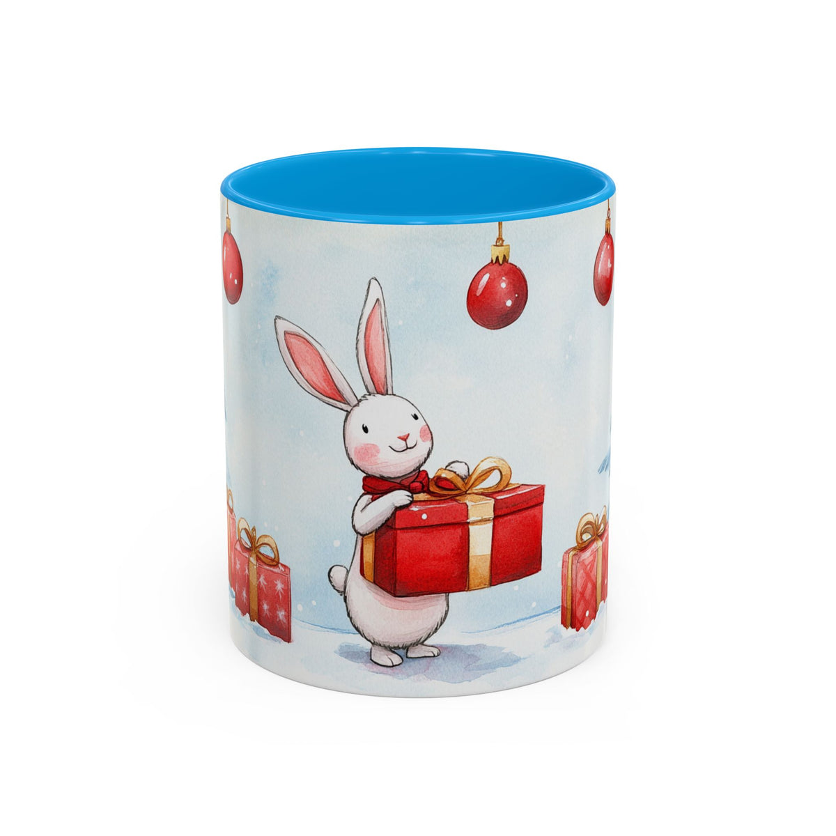 Mug Lapin de Noël avec Cadeaux – Tasse Hiver Sapins Enneigés Style Aquarelle – Cadeau de Noël Homme Femme noir bleu rouge