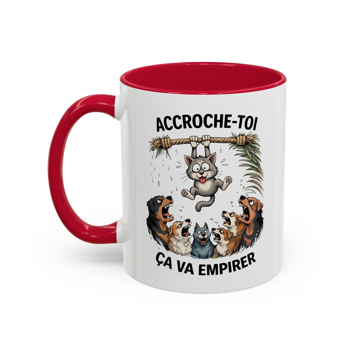 Tasse Humour Chat Suspendu avec Chiens – Accroche-Toi Ça Va Empirer – Mug Drôle Animaux Cadeau Collègue – Céramique 325ml