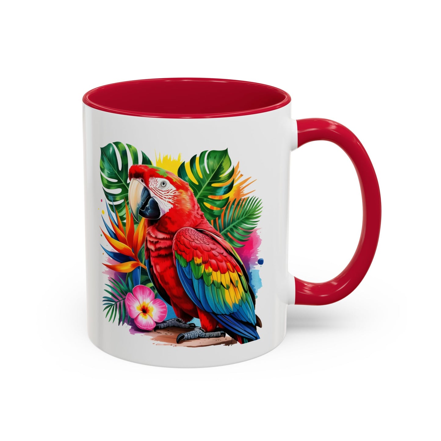 Mug Perroquet Ara Rouge – Tasse Tropicale avec Feuilles Exotiques et Fleurs – Cadeau Nature 325ml
