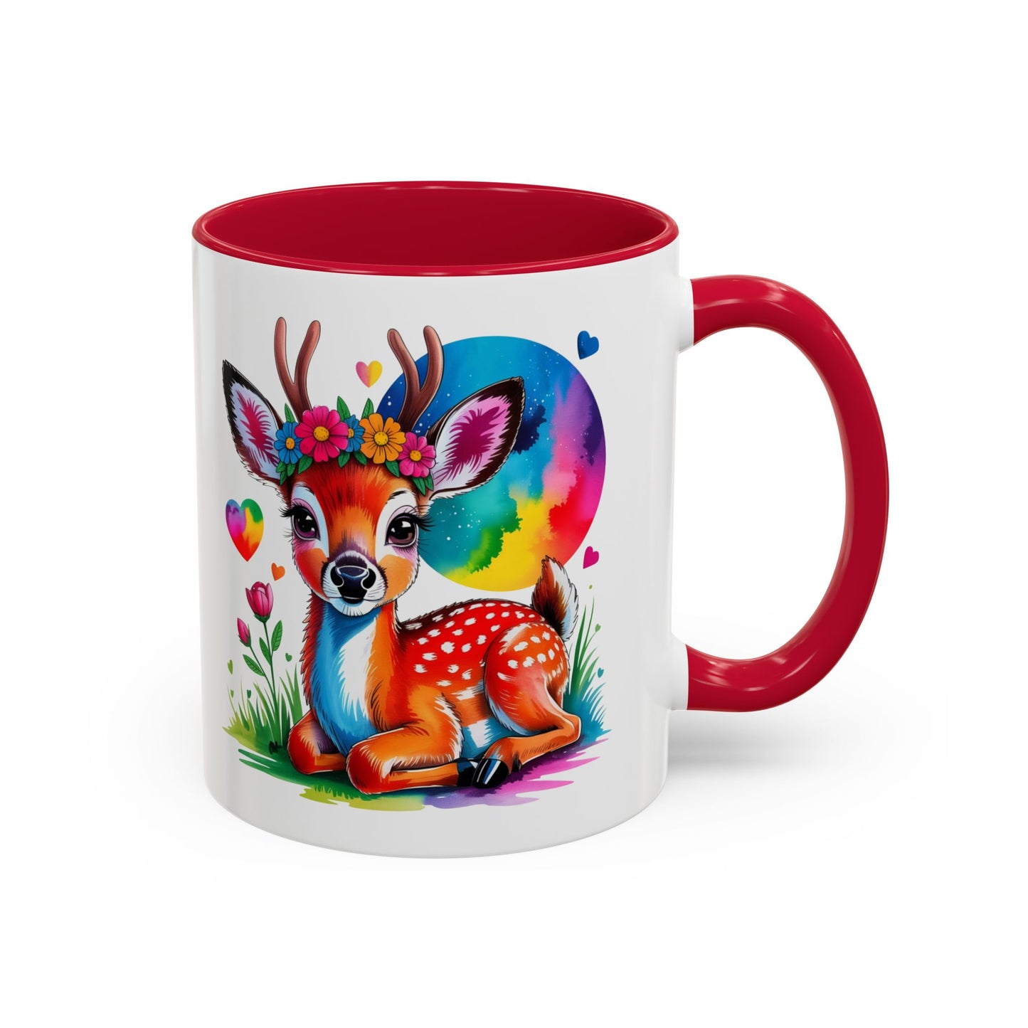 Mug Faon Mignon Coloré – Tasse Cerf Fleurs Arc-en-Ciel Kawaii – Cadeau Original Enfant Adulte – Céramique 325ml Noir Bleu Rouge