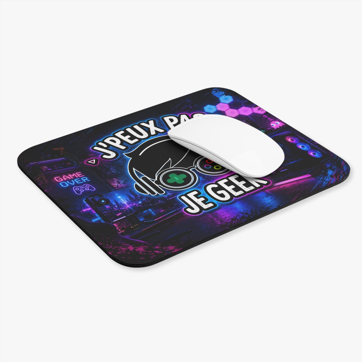 Tapis de Souris 22x18 J’Peux Pas Je Geek – Accessoire Gamer Humour – Cadeau Geek Gaming PC Console Homme Femme – Design Néon RGB