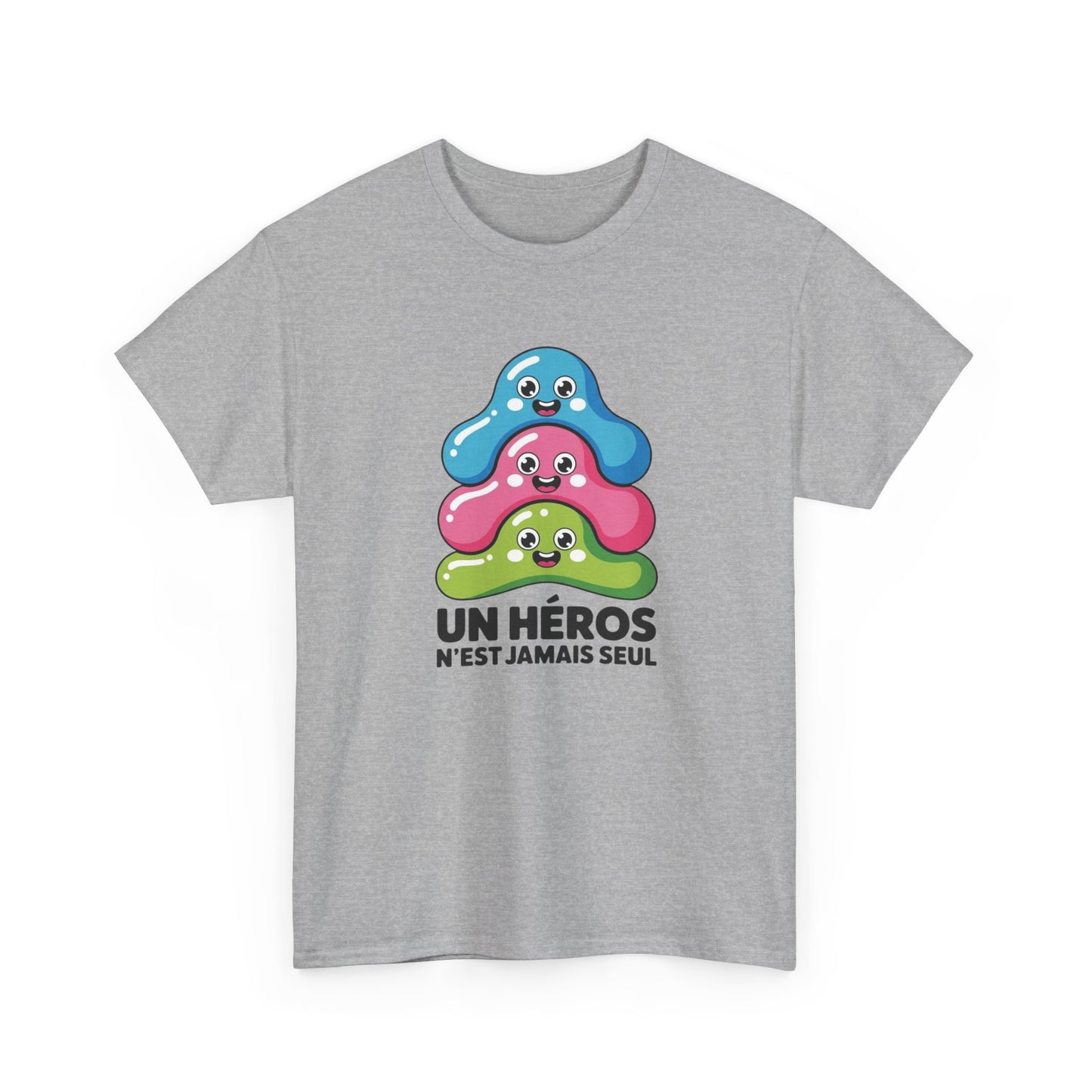T-Shirt Mignon Kawaii Homme Femme – Tee Shirt Héros Jamais Seul – Cadeau Cute Fun Noir Blanc Gris