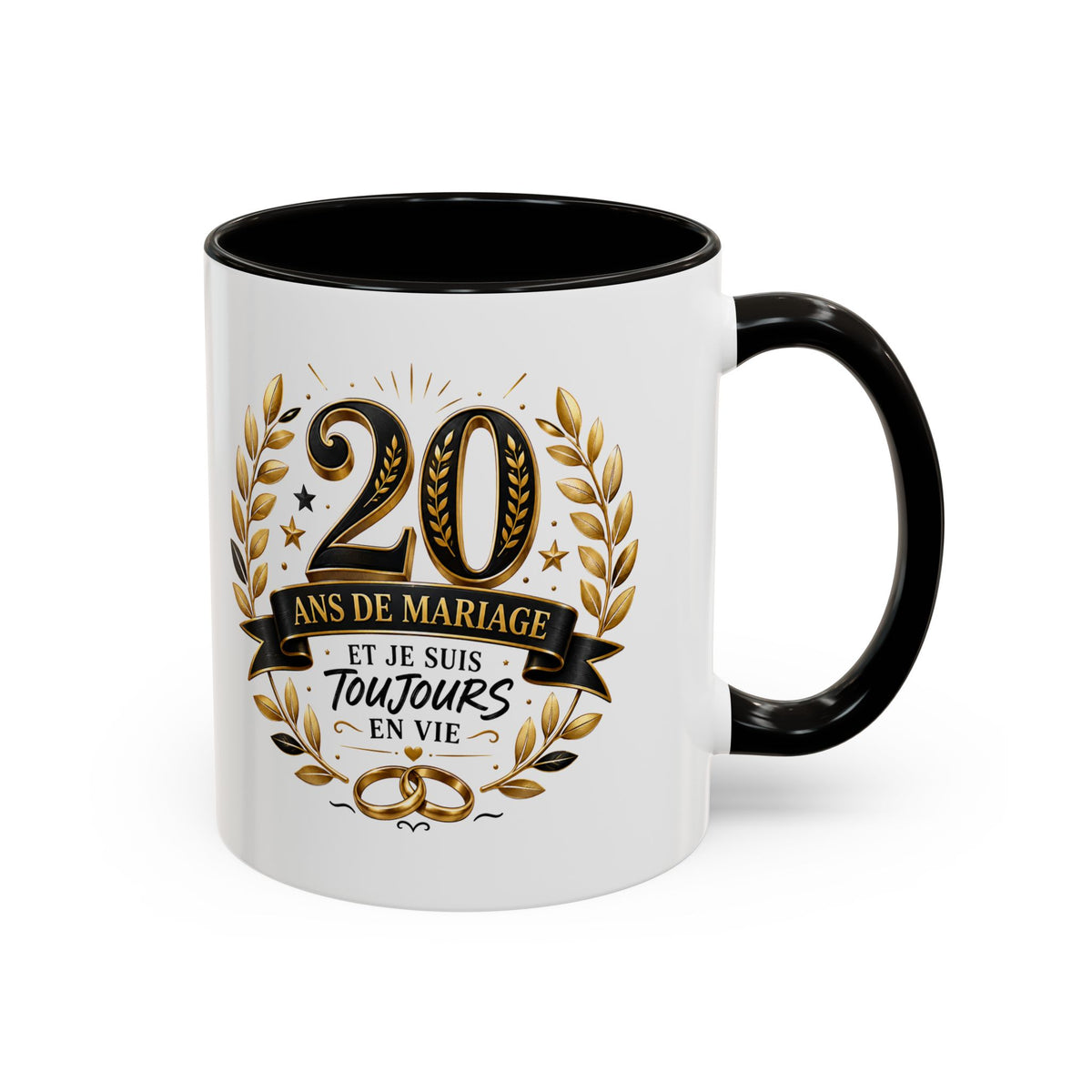 Mug 20 Ans de Mariage et Je Suis Toujours en Vie – Tasse Humoristique Anniversaire de Mariage – Idée Cadeau Couple Noces de Porcelaine noir bleu rouge