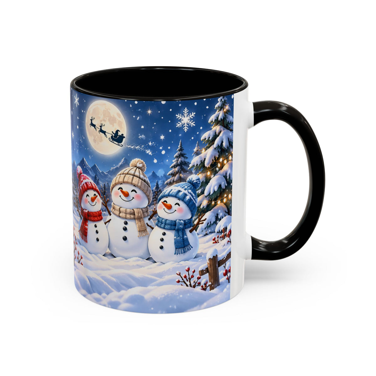 Mug Bonhommes de Neige de Noël – Tasse Hiver avec Sapins Enneigés, Lune et Traîneau du Père Noël – Cadeau Original Homme Femme