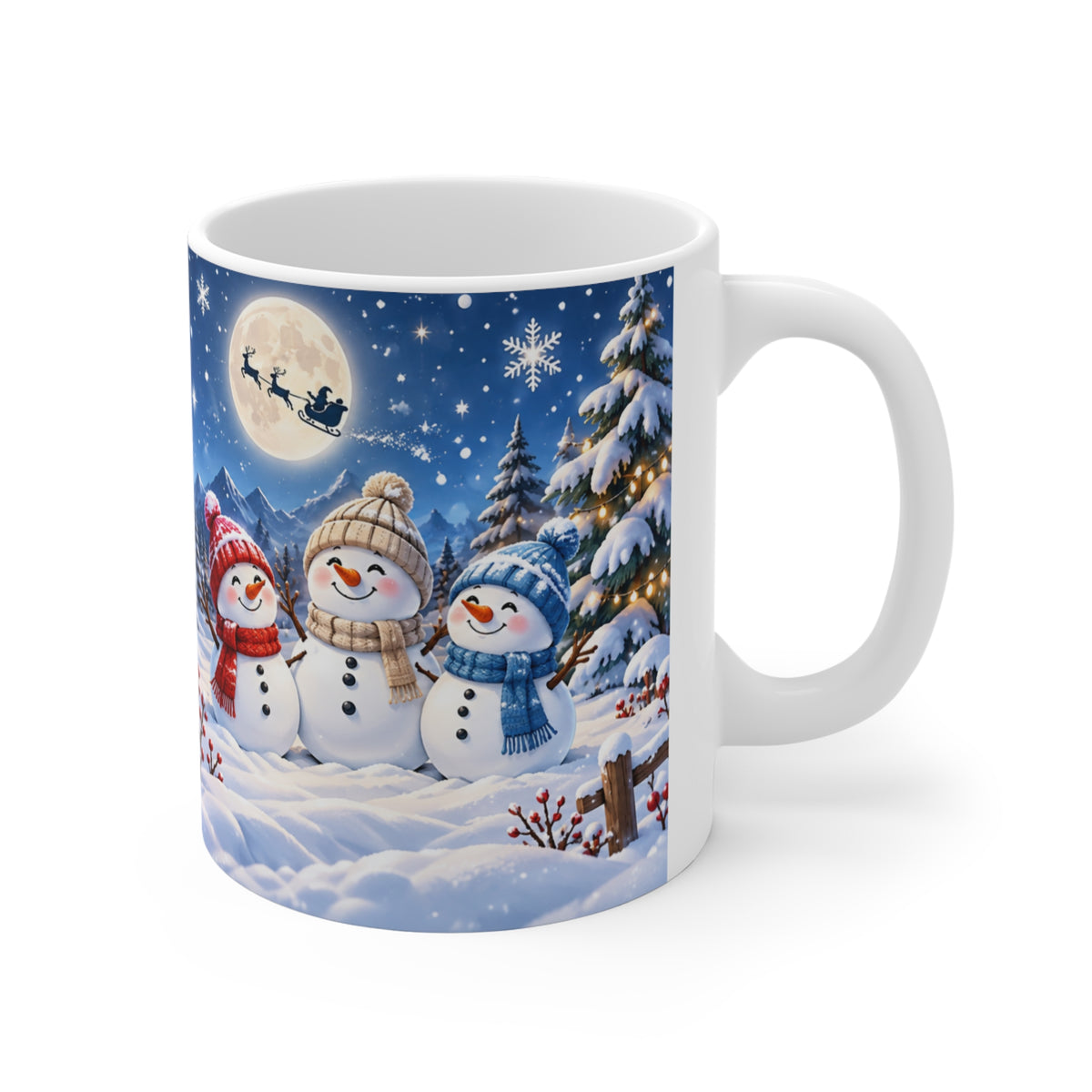 Mug Bonhommes de Neige de Noël – Tasse Hiver avec Sapins Enneigés, Lune et Traîneau du Père Noël – Cadeau Original Homme Femme