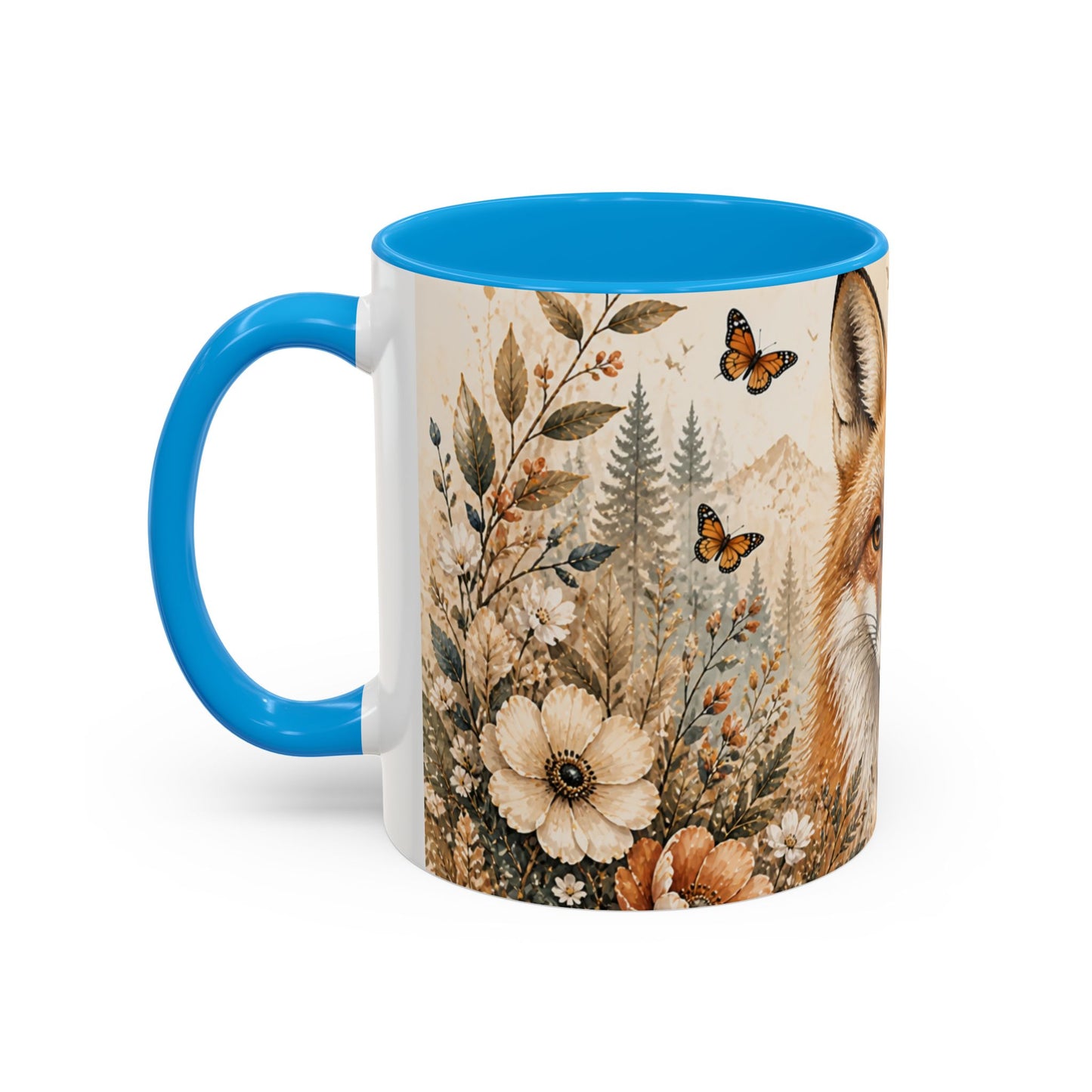 Tasse Renard Floral Bohème – Mug Renard Aquarelle avec Fleurs Sauvages et Papillons – Design Nature Chic 325ml