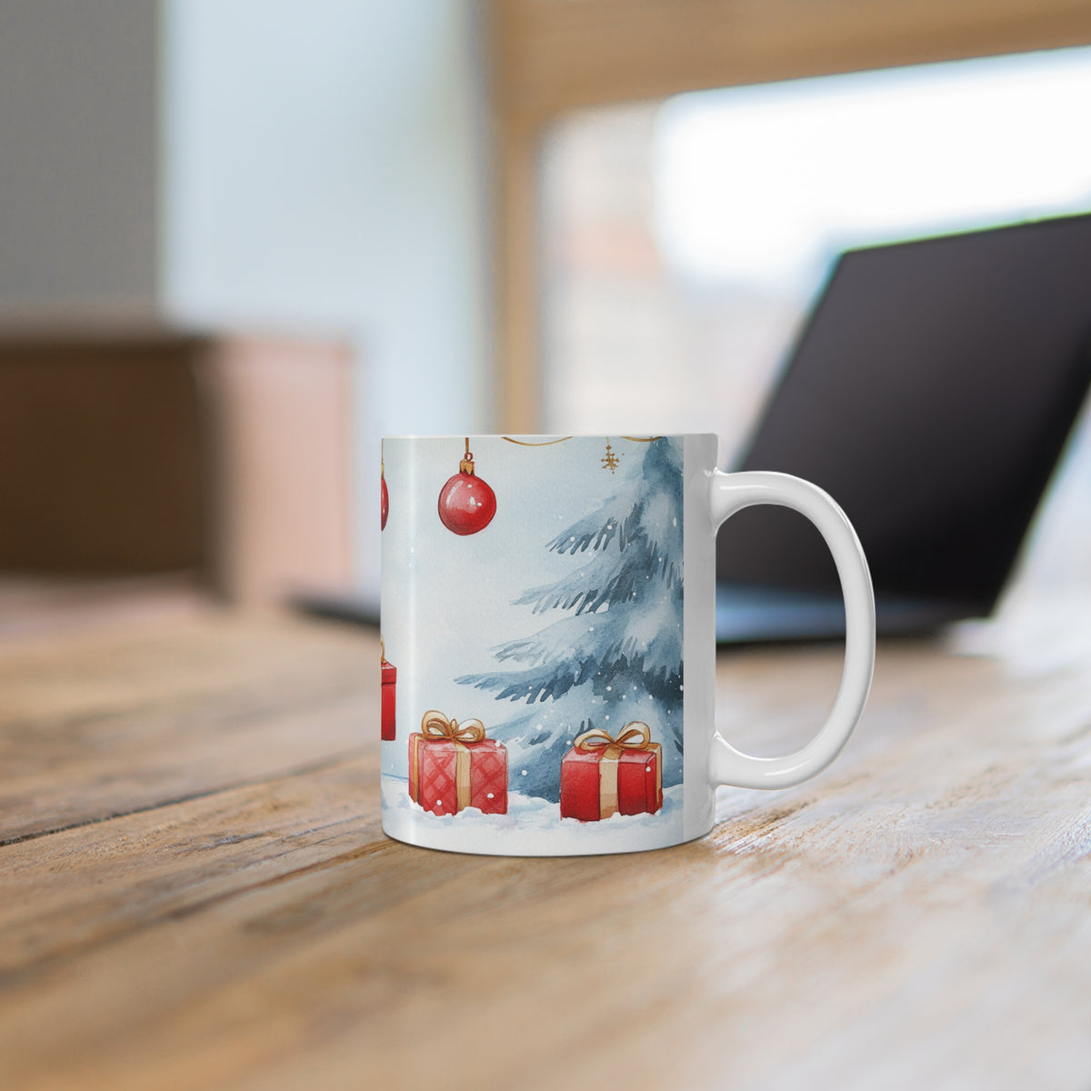 Mug Lapin de Noël avec Cadeaux – Tasse Hiver Sapins Enneigés Style Aquarelle – Cadeau de Noël Homme Femme