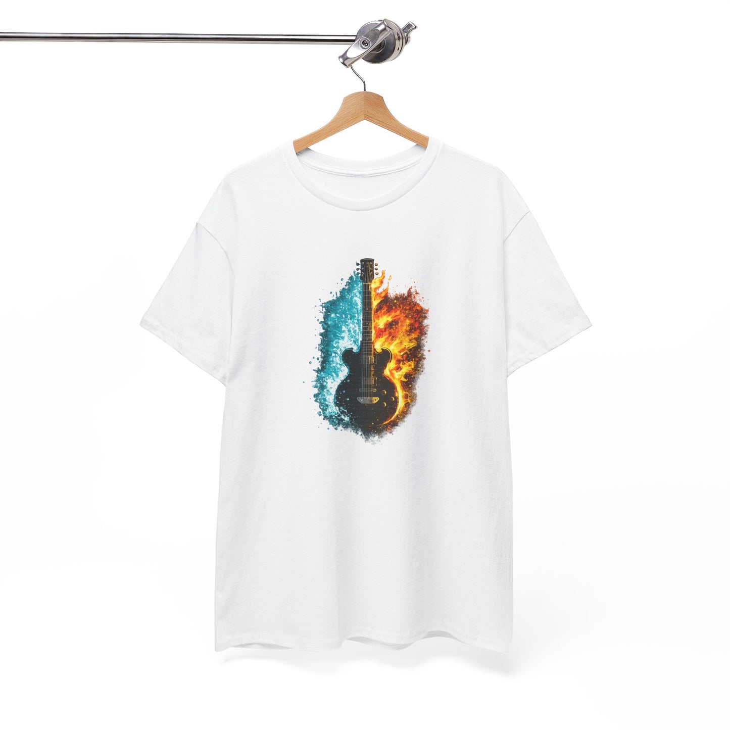 T-Shirt Guitare Feu et Glace – Design Électrique Artistique – Tee-Shirt Musique Rock Original