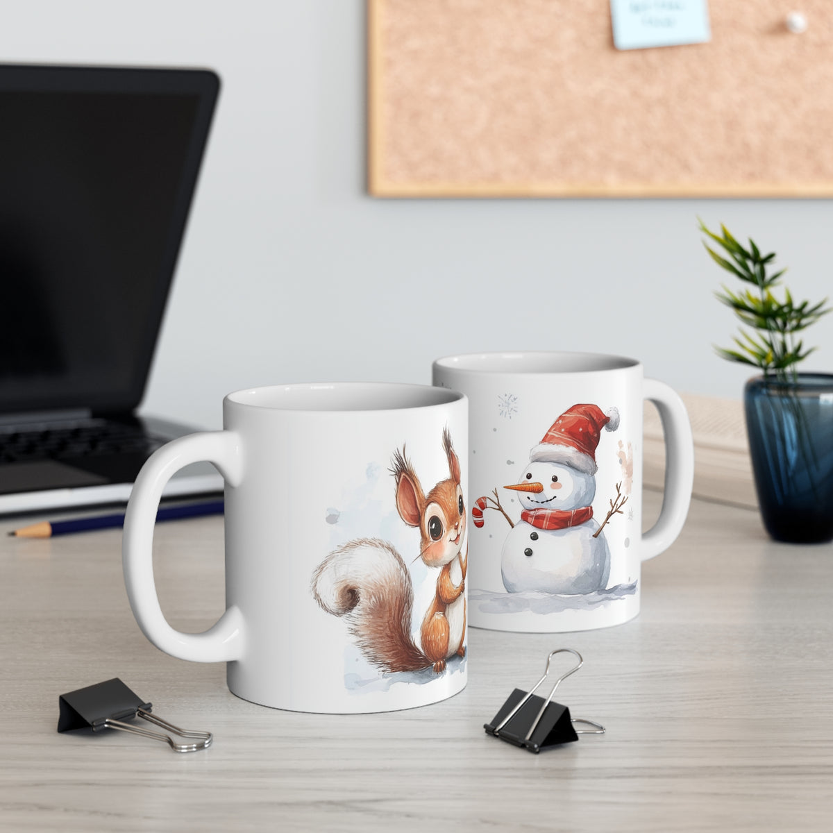 Mug Écureuil et Bonhomme de Neige – Tasse de Noël avec Sucre d’Orge Style Aquarelle – Cadeau Original Hiver Homme Femme