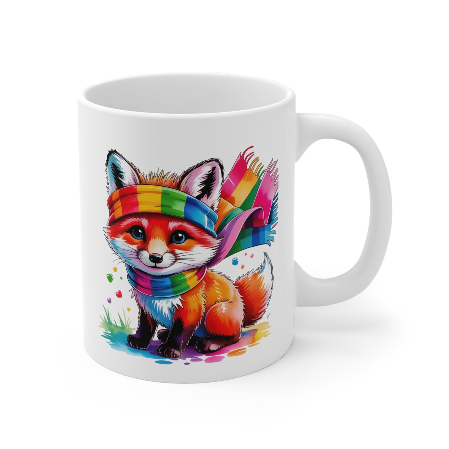 Mug Renard Kawaii Arc-en-Ciel – Tasse Fox Colorée avec Écharpe Rainbow – Design Animal Mignon et Fantaisie – Cadeau Original pour Enfants et Fans de Kawaii – Mug Céramique 325ml