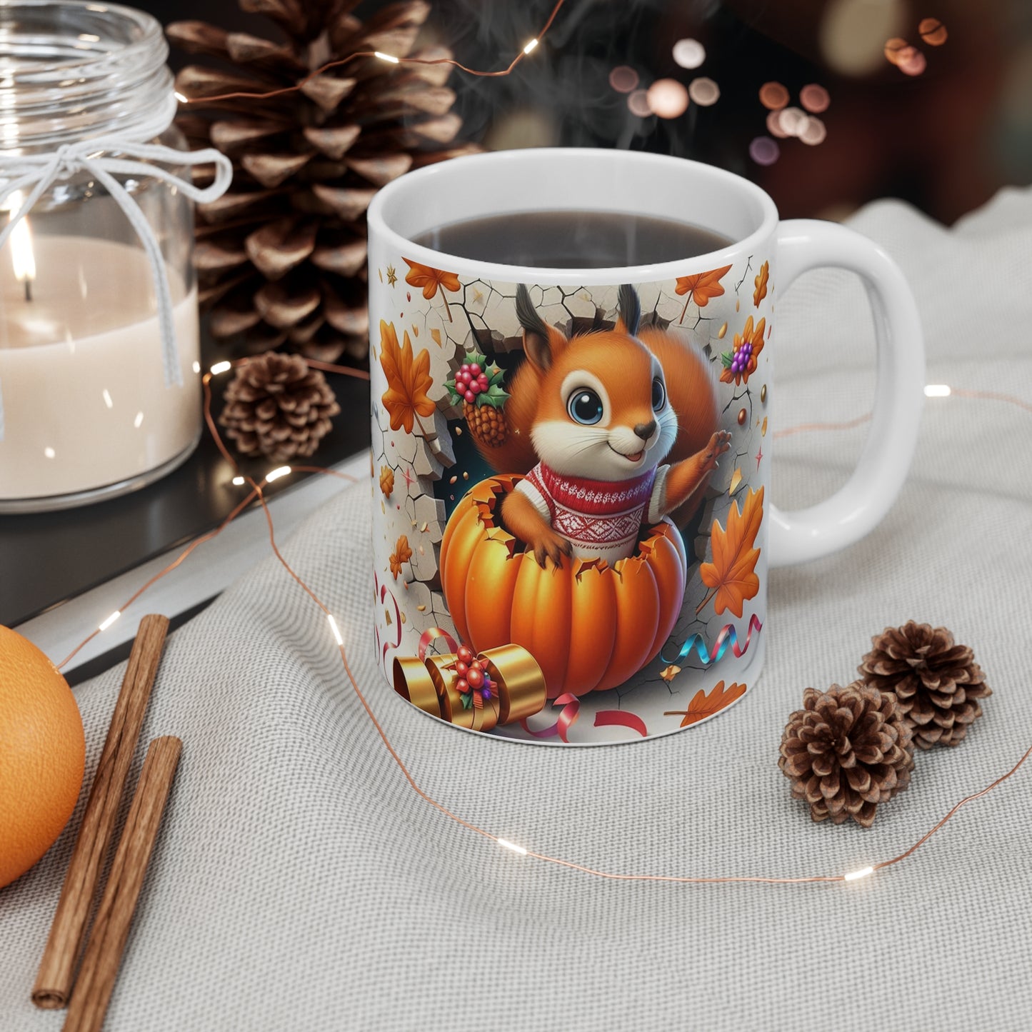 Tasse Écureuil Automne-Hiver – Mug Citrouille & Pull Rouge – Cadeau Cosy Saison Festive 325ml