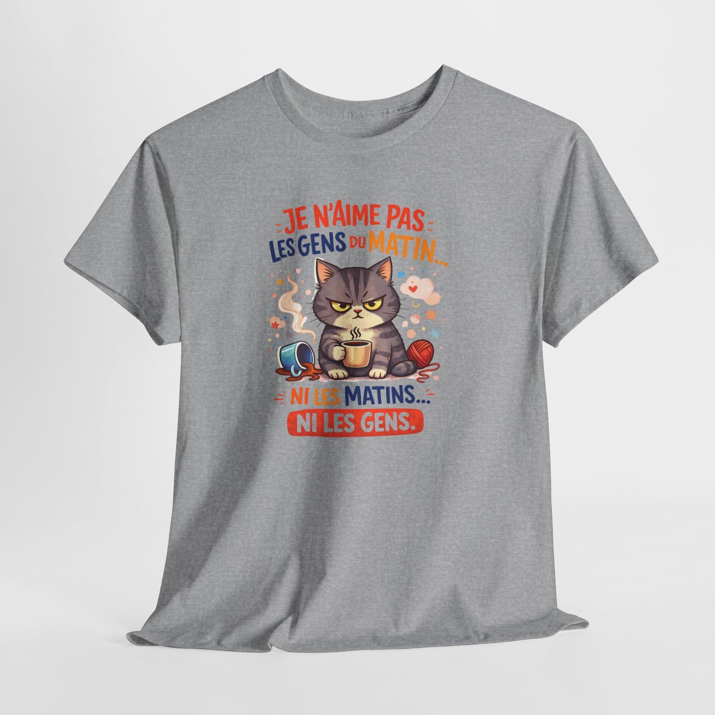 Tee Shirt Chat Humour Je n’aime pas les gens du matin – Amoureux du café drôle – Cadeau Blanc Gris Noir