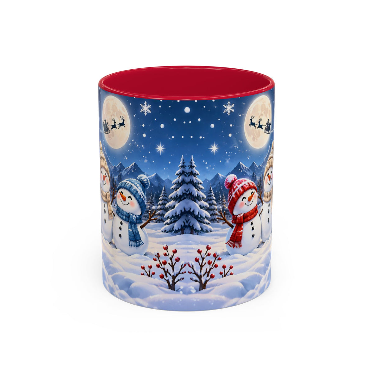 Mug Bonhommes de Neige de Noël – Tasse Hiver avec Sapins Enneigés, Lune et Traîneau du Père Noël – Cadeau Original Homme Femme