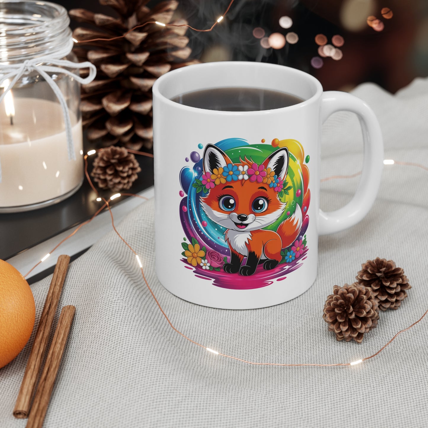 Mug Renard Kawaii avec Couronne de Fleurs – Tasse Renarde Cute Arc-en-Ciel – Design Animal Mignon et Féérique – Cadeau Original pour Enfants, Filles et Amoureux des Renards – Céramique 325ml...