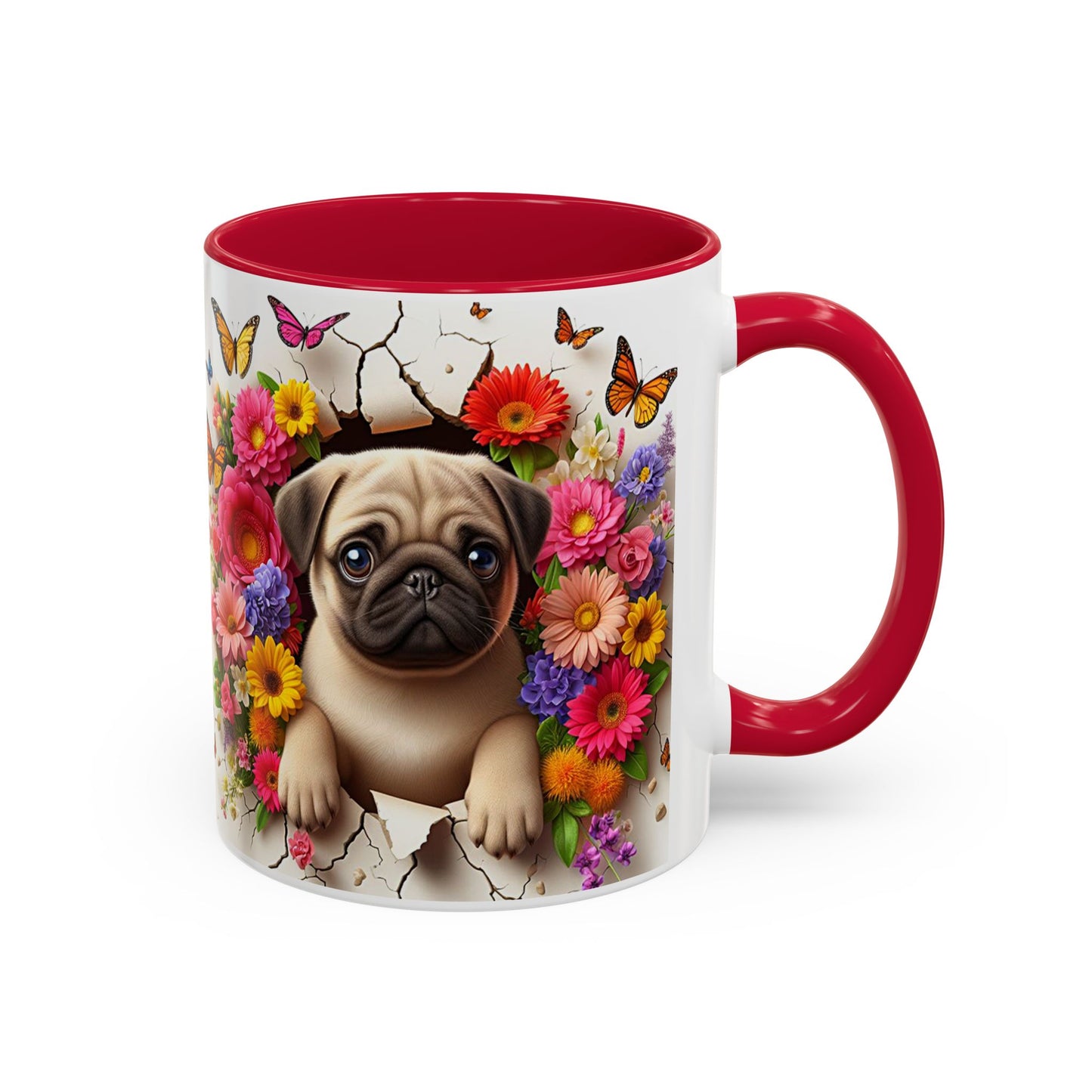 Mug Carlin Kawaii – Tasse Chiot Carlin avec Fleurs Colorées et Papillons – Cadeau Amoureux des Chiens 325ml