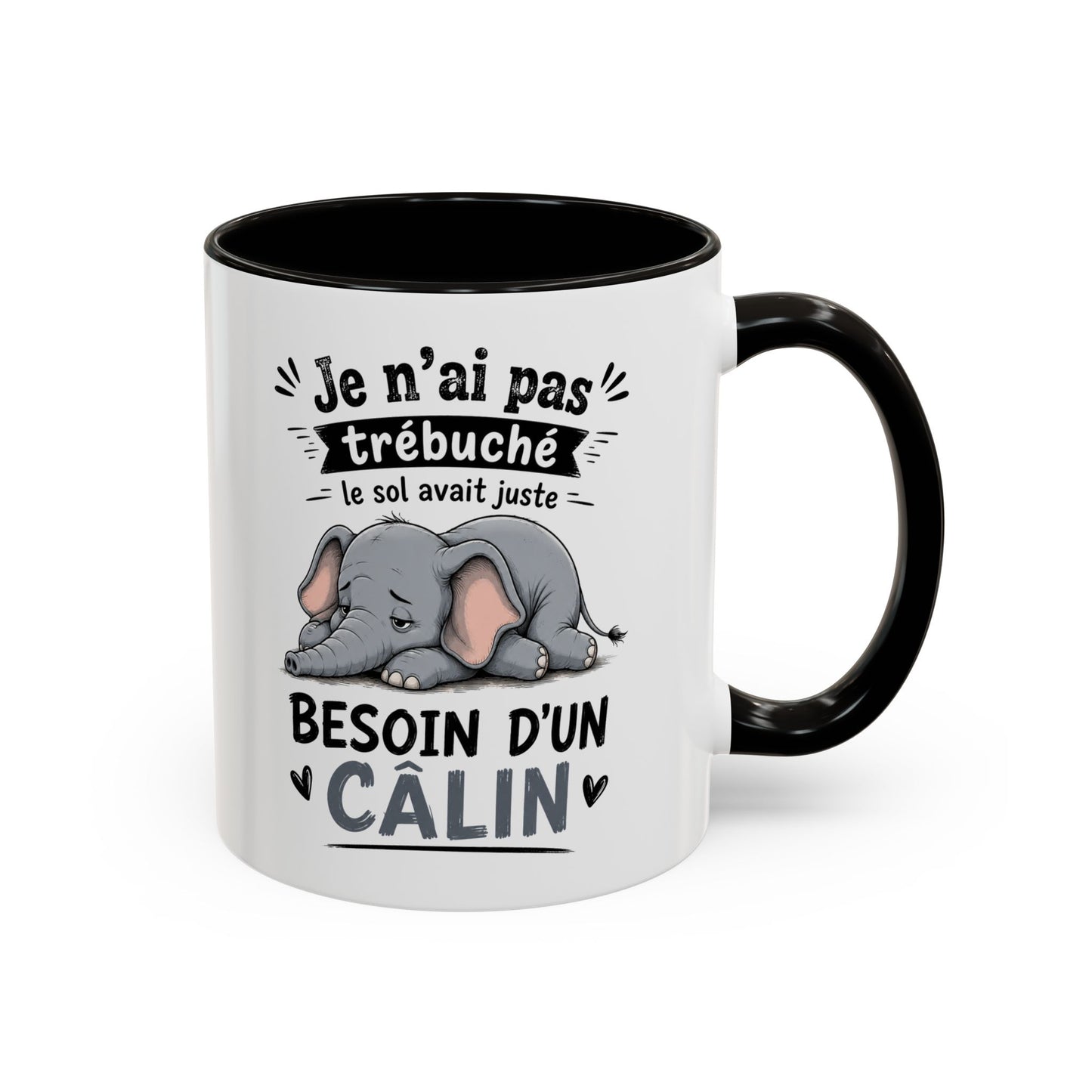 Mug Éléphant Humour – Tasse Animal Mignon Fatigué – Cadeau Original Amour Tendresse Câlin Homme et Femme Noir Bleu Rouge