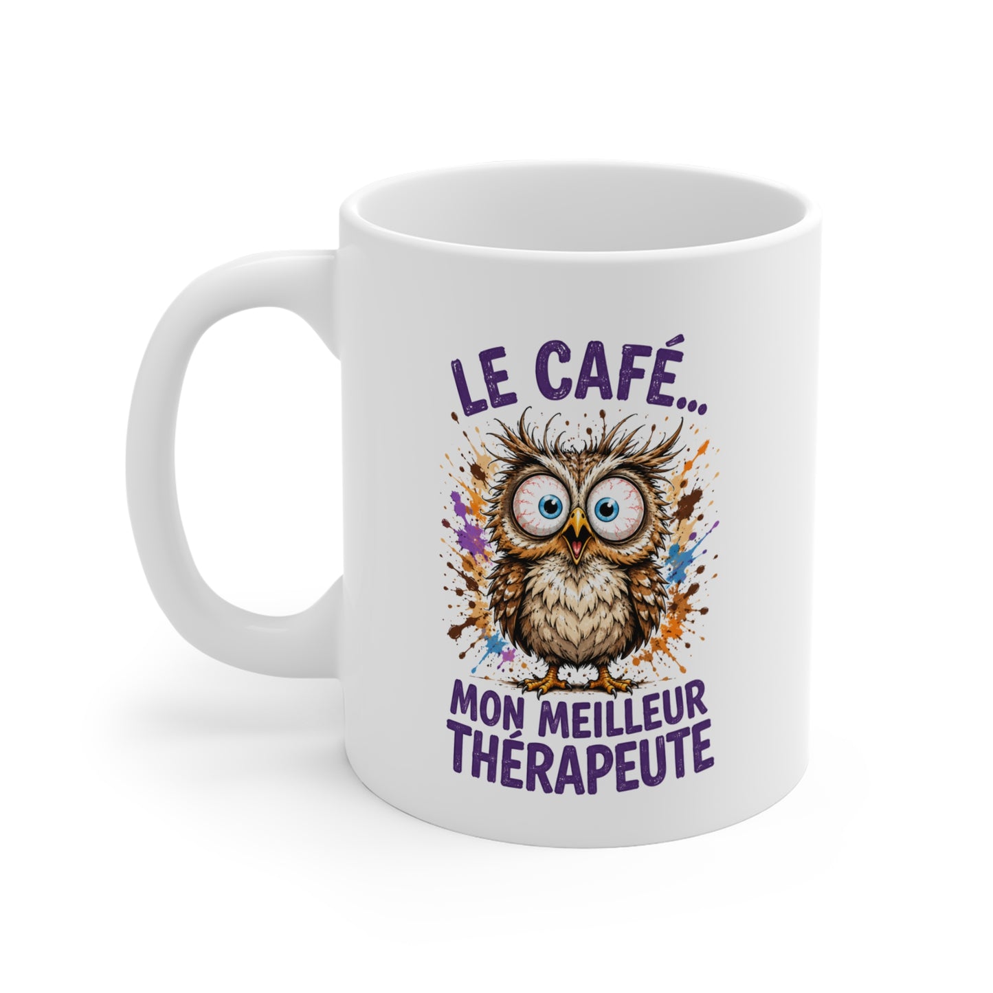Tasse Le Café Mon Meilleur Thérapeute – Mug Humour Chouette – Cadeau Drôle Homme Femme 325 ml