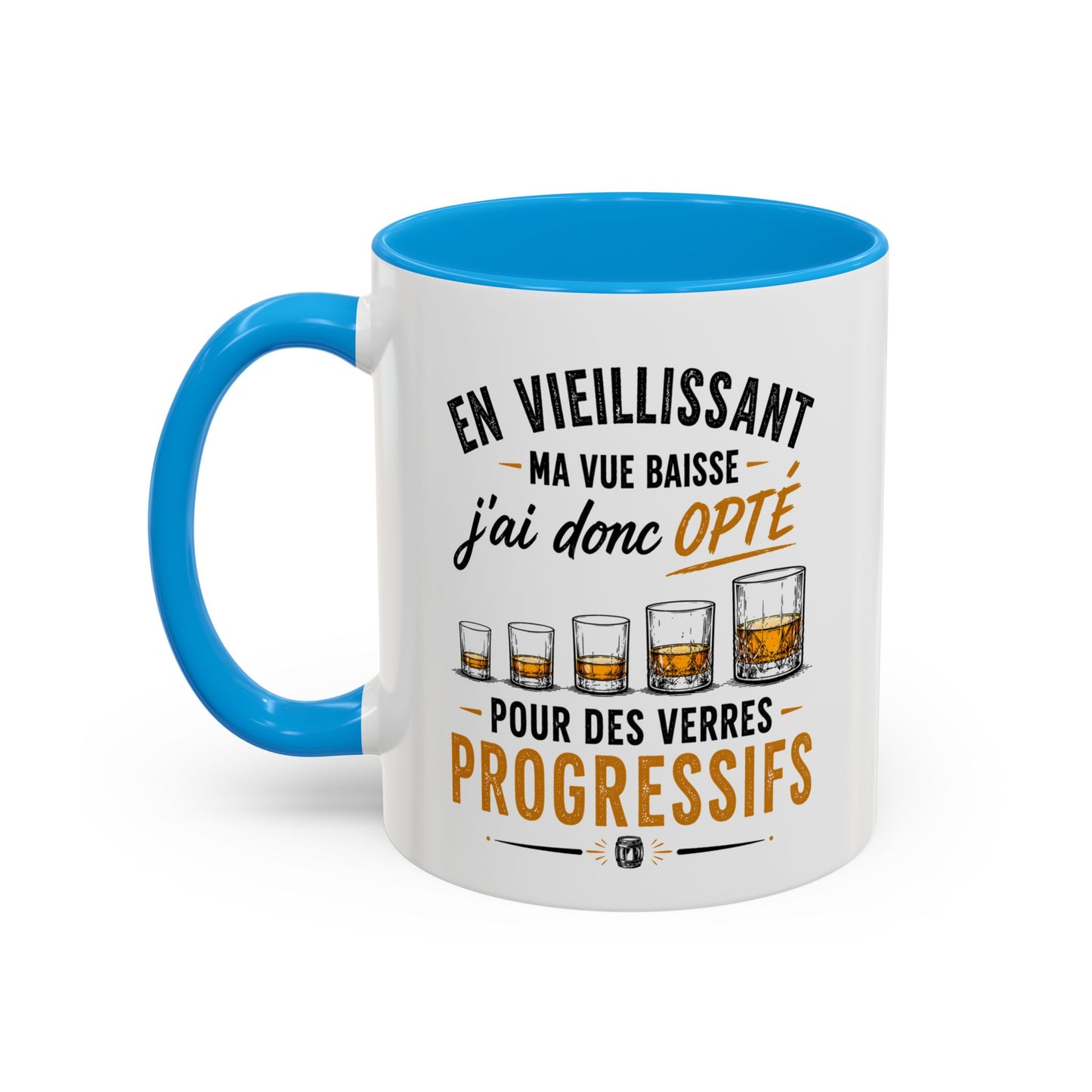 Mug Humour Whisky et Vieillesse – En Vieillissant Ma Vue Baisse J’ai Donc Opté pour des Verres Progressifs – Cadeau Drôle Amateur Whisky 325ml