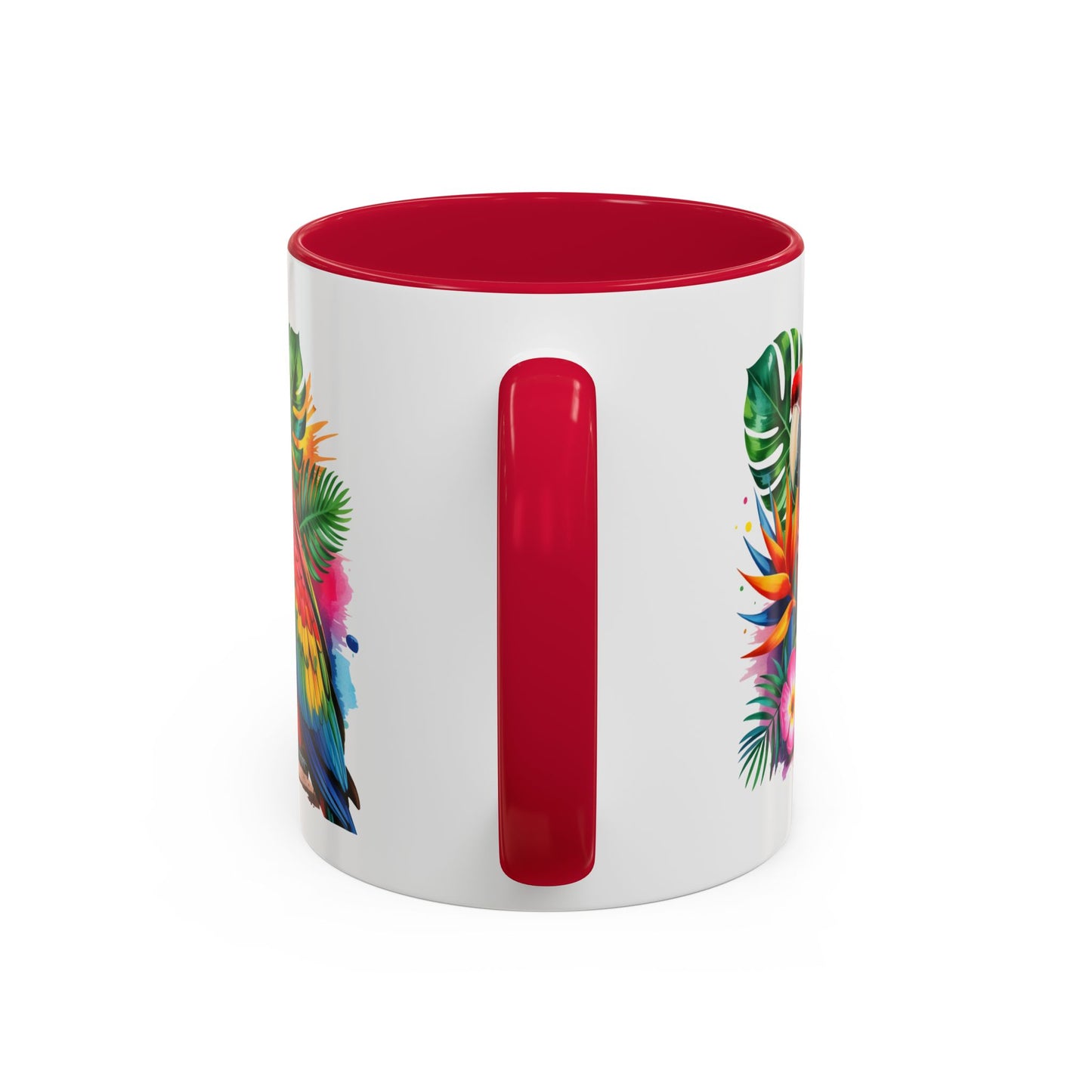 Mug Perroquet Ara Rouge – Tasse Tropicale avec Feuilles Exotiques et Fleurs – Cadeau Nature 325ml