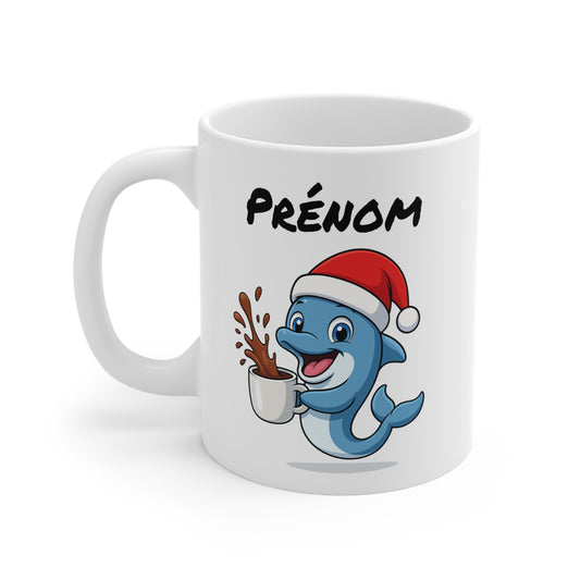 Tasse Personnalisable Dauphin Noël – Mug Prénom Céramique 325ml – Cadeau Fêtes Mignon