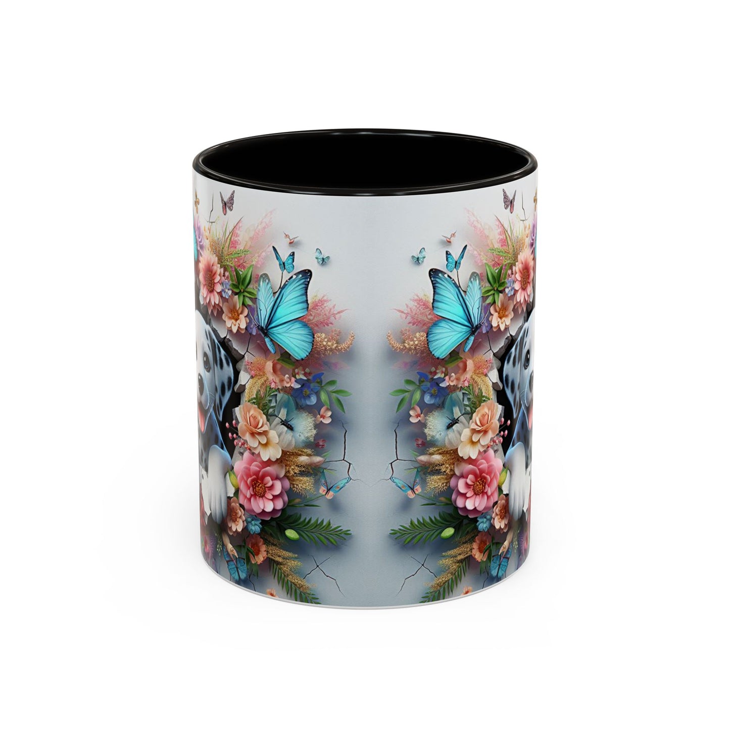 Mug Dalmatien Kawaii – Tasse Chiot Dalmatien avec Fleurs Pastel et Papillons Bleus – Cadeau Amoureux des Chiens 325ml