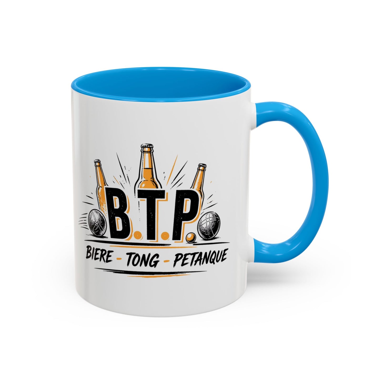 Mug B.T.P. Humoristique – Tasse Bière Tong Pétanque – Cadeau Original Apéro et Pétanque – Céramique 325ml Noir Bleu Rouge