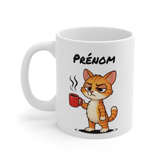 Mug Chat Fatigué Personnalisable 325ml – Tasse Café Humoristique Prénom Cadeau Original