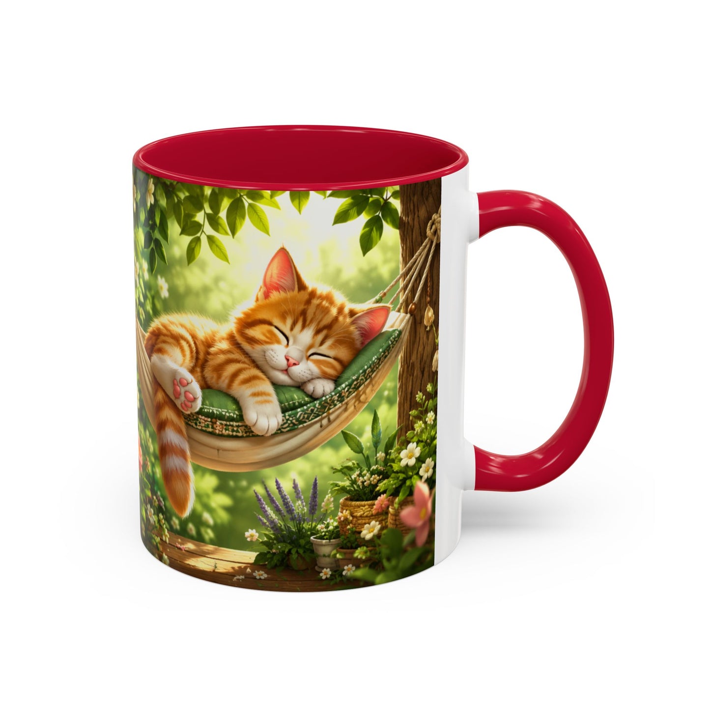 Tasse Chat Dormeur Kawaii – Mug Chaton Endormi Hamac Fleuri – Cadeau Amoureux des Chats 325ml