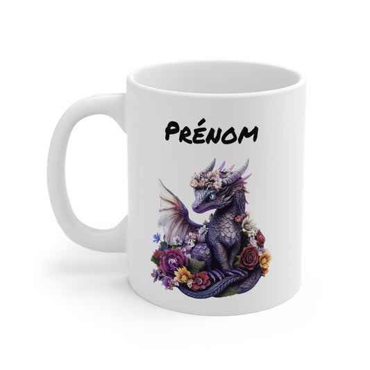 Tasse Personnalisable Dragon Violet et Fleurs – Mug Prénom Fantasy Bohème – Cadeau Magique Féérique 325ml