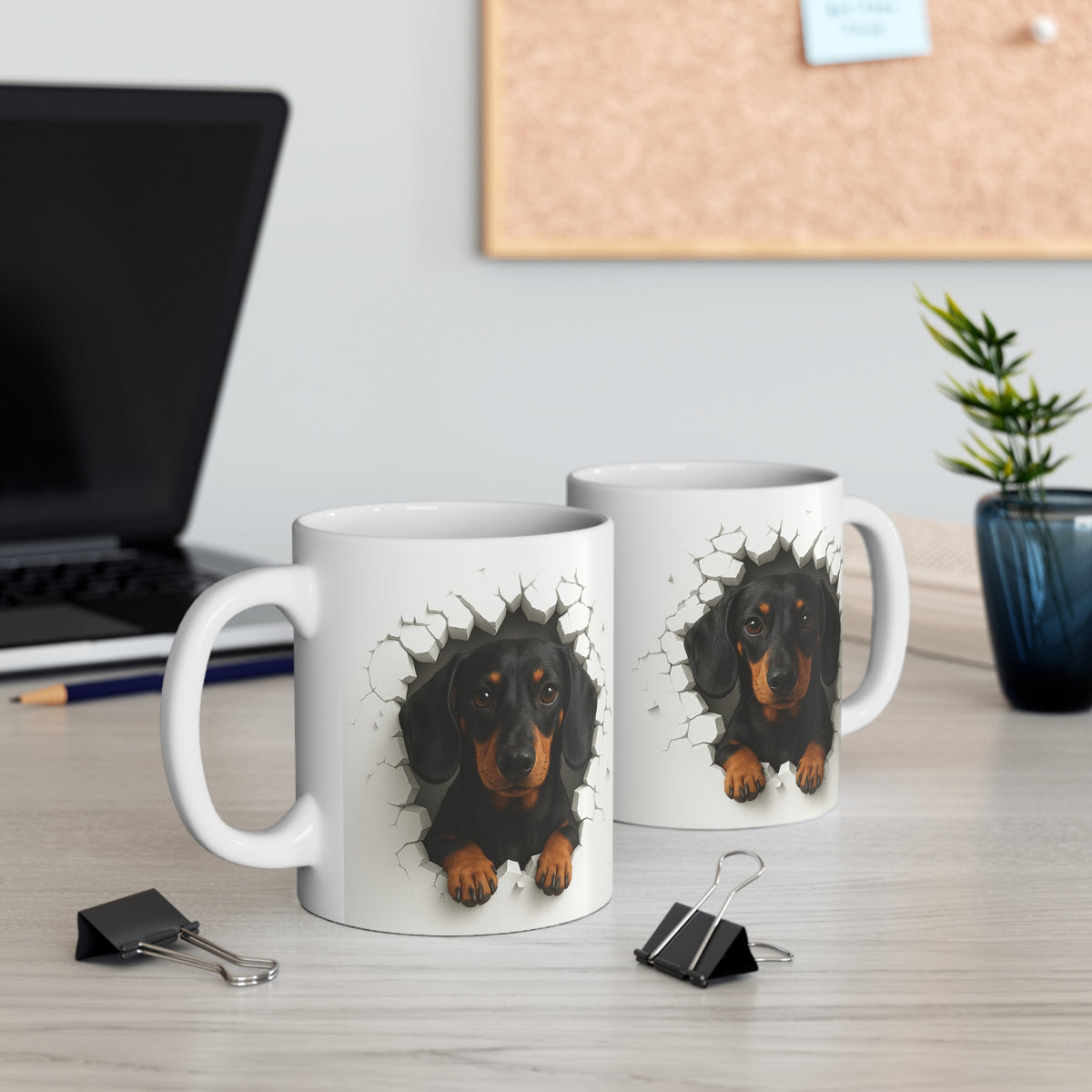Mug Teckel Noir et Feu Effet Mur Cassé – Tasse Chien 3D Trompe-l’œil – Cadeau Original Amoureux du Teckel