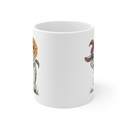 Mug Chèvre Mignonne 325ml – Tasse Céramique Tournesol & Fleurs Cartoon – Cadeau Nature Original