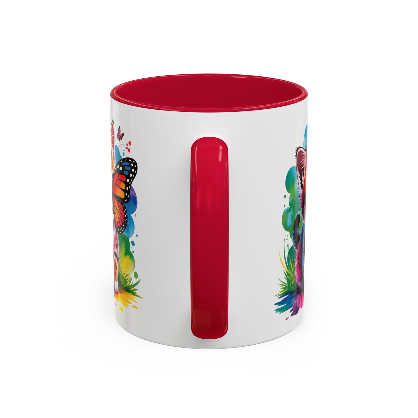 Mug Chaton Kawaii avec Papillon Arc-en-Ciel – Tasse Mignonne et Colorée Cadeau Amoureux des Chats – Céramique 325ml